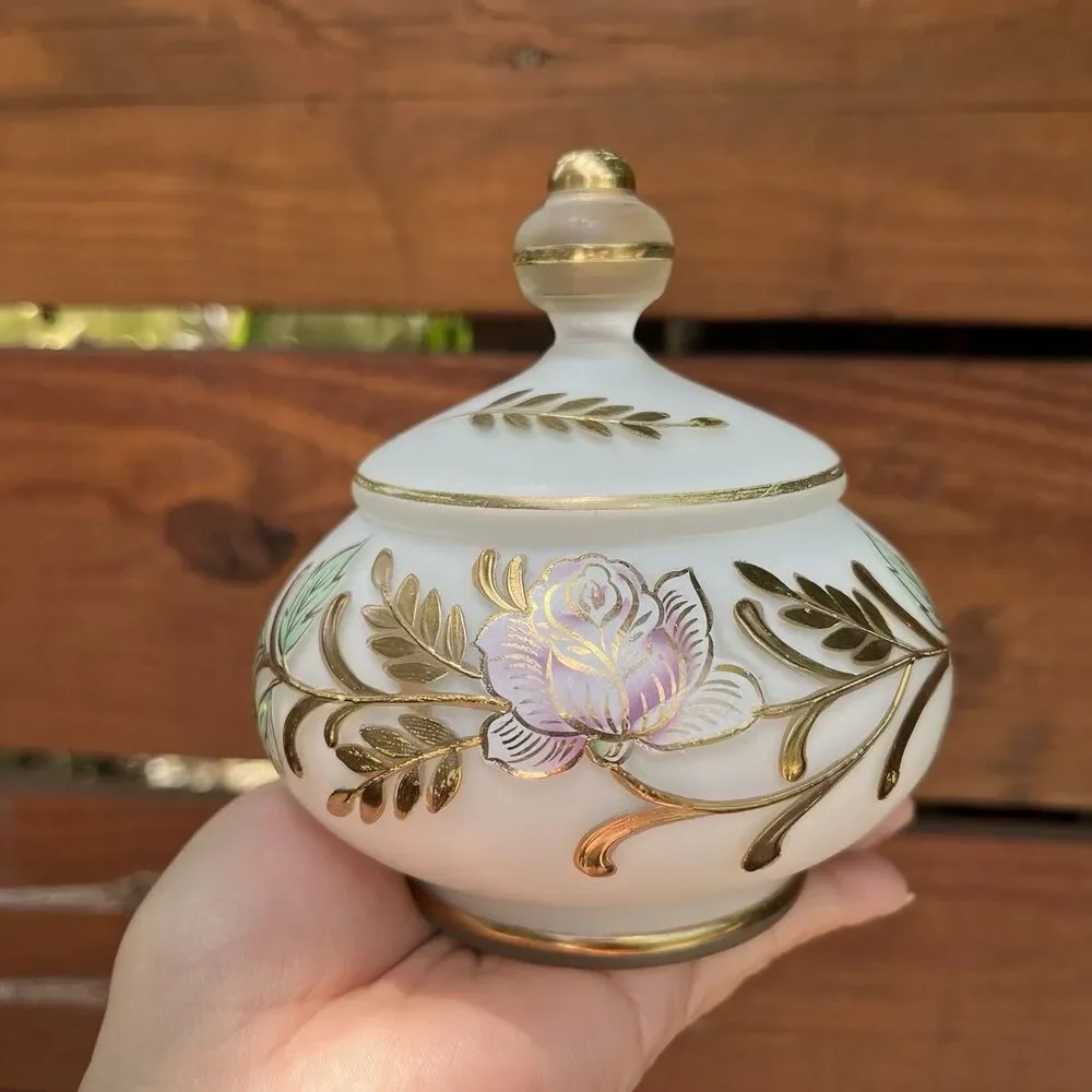 Vintage French Country Rose Jewelry Covered Trinket Dish Frosted Glass Goldleaf